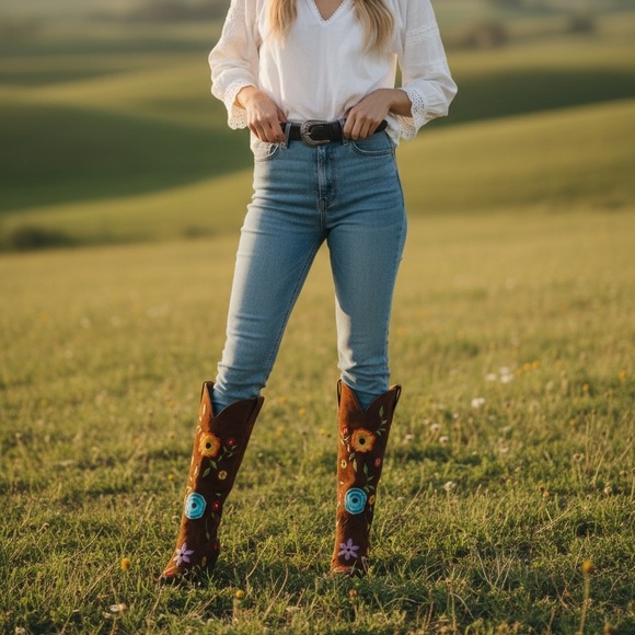 Dingo Flower Power Embroidered Floral Snip Toe Knee-hi Western Cowboy Boots - Picture 3 of 15